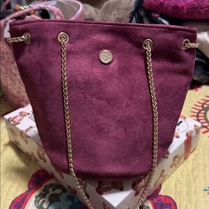 This is an Azzaro Parfums burgundy faux suede bucket bag